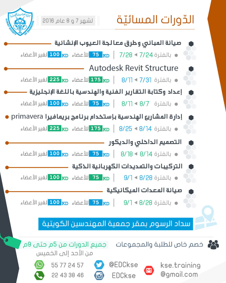 الدورات المسائية لشهر يوليو و أغسطس لعام ٢٠١٦
