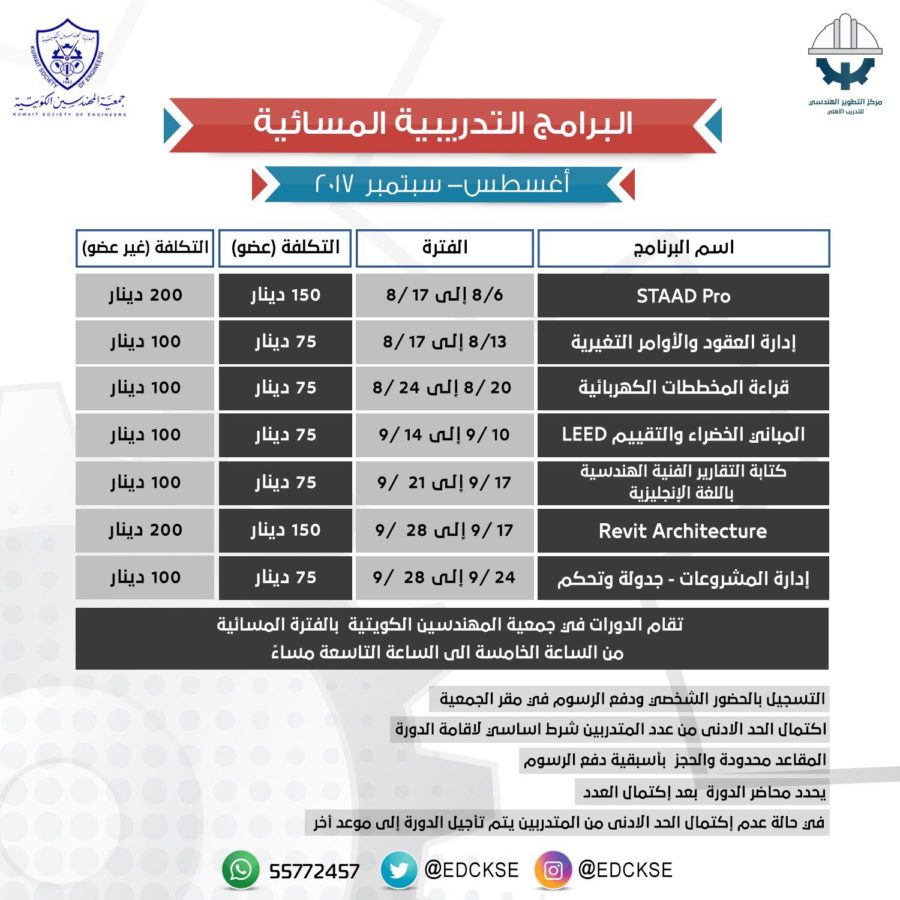 تقام الدورات في جمعية المهندسين الكويتية بالفترة المسائية