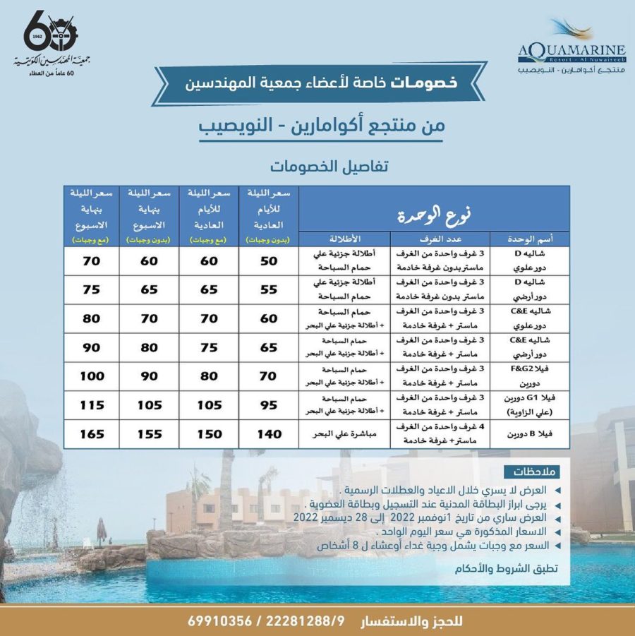 خصومات خاصة لاعضاء جمعية المهندسين من منتجع أكوامارين – النويصيب