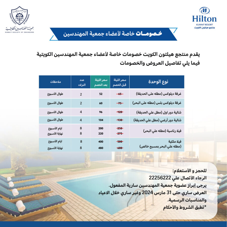 خصومات خاصة لأعضاء جمعية المهندسين الكويتية من منتجع هيلتون الكويت