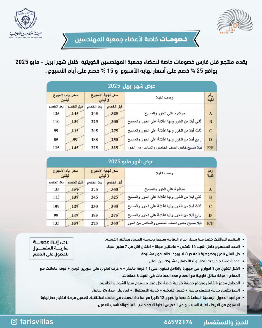يقدم منتجع فلل فارس خصومات خاصة لاعضاء جمعية المهندسين الكويتية خلال شهر ابريل – مايو 2025 بواقع 25% خصم