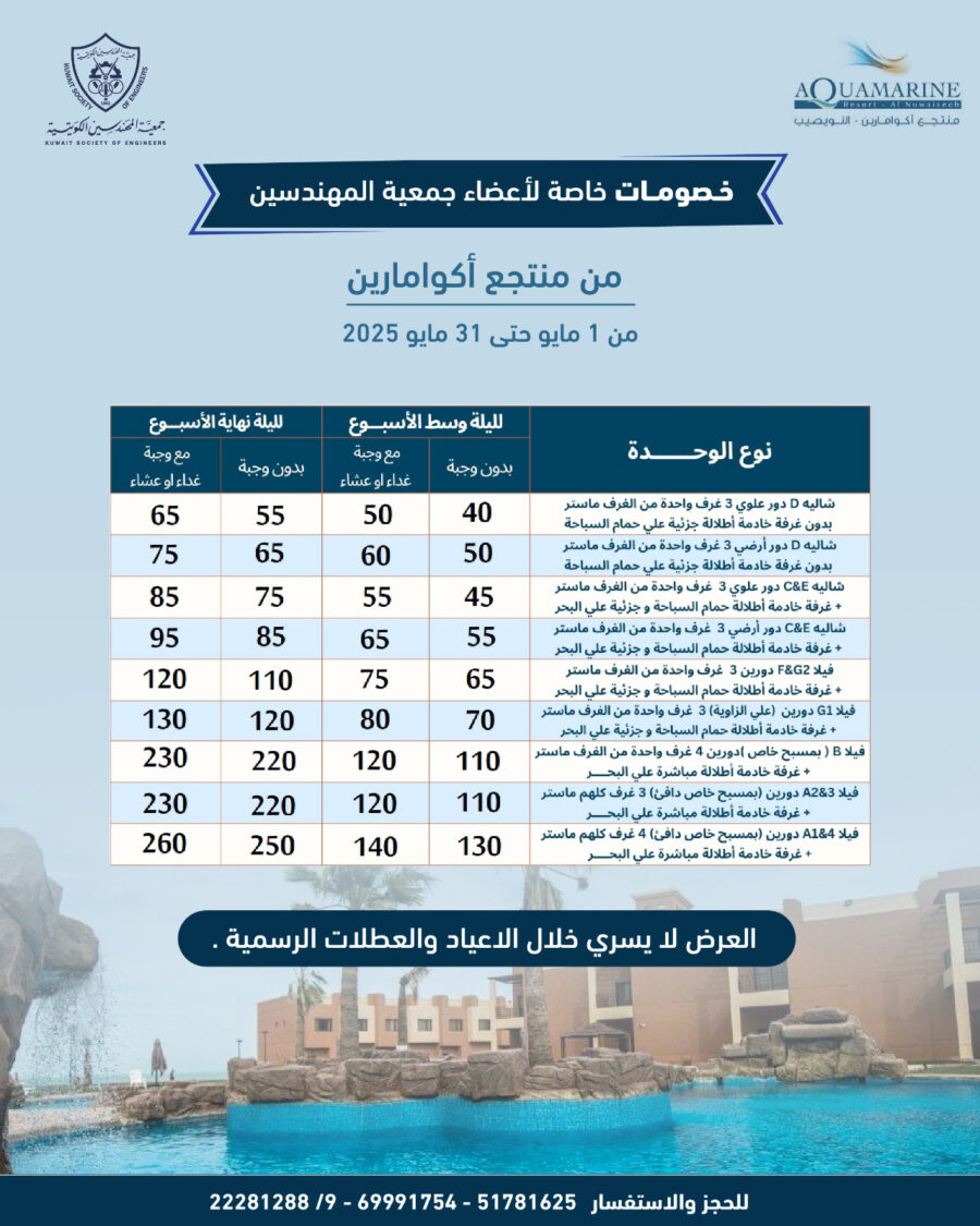 خصومات خاصة لأعضاء جمعية المهندسين من منتجع أكوامارين