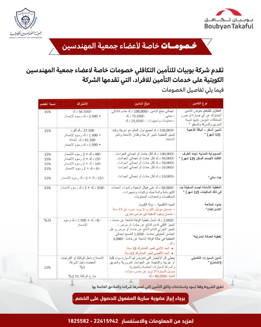 تقدم شركة بوبيان للتأمين التكافلي خصومات خاصة لاعضاء جمعية المهندسين الكويتية